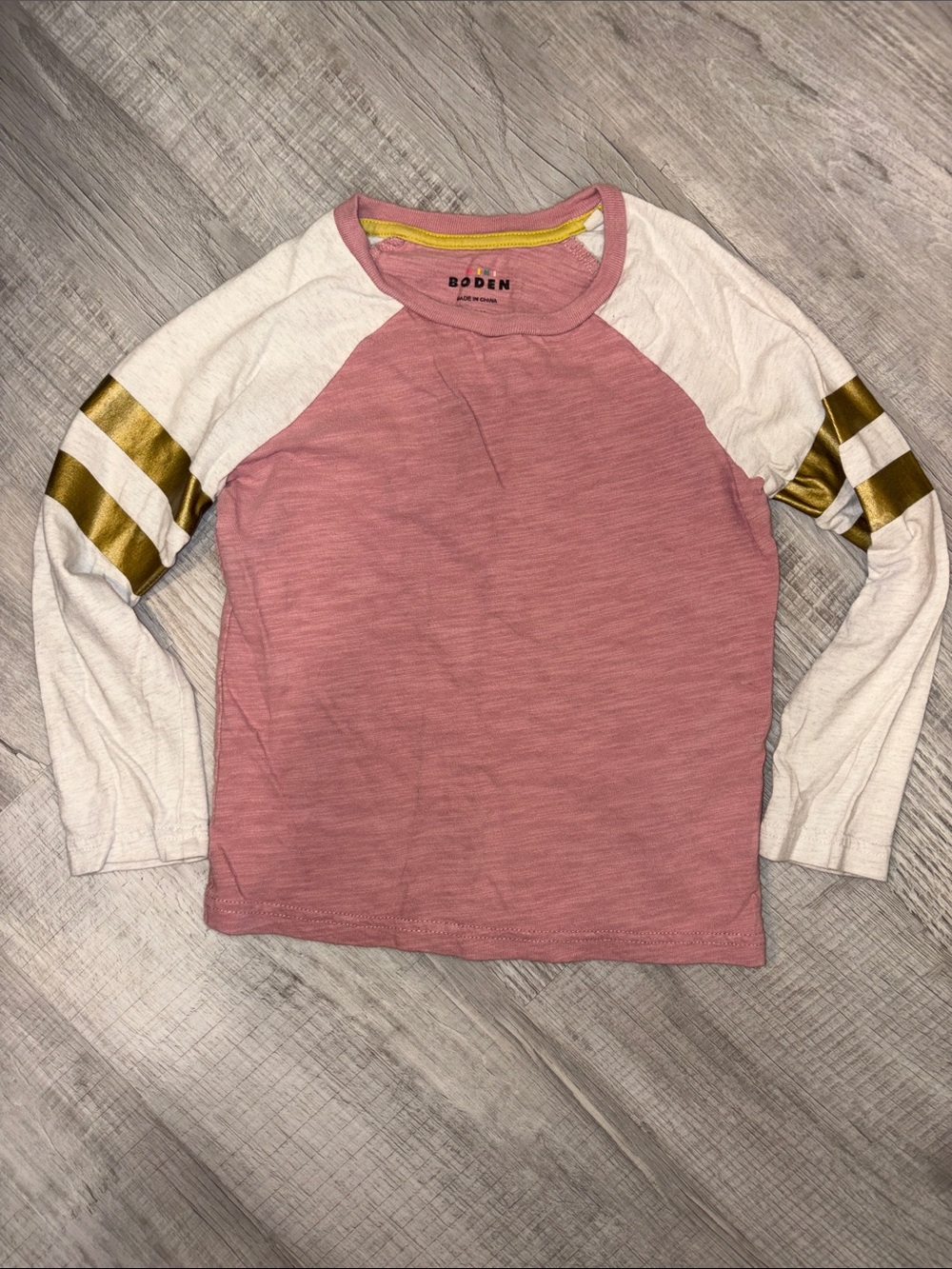 Boden Rose Pink and Cream Long Sleeve Raglan Tee with Gold Sleeve Stripes